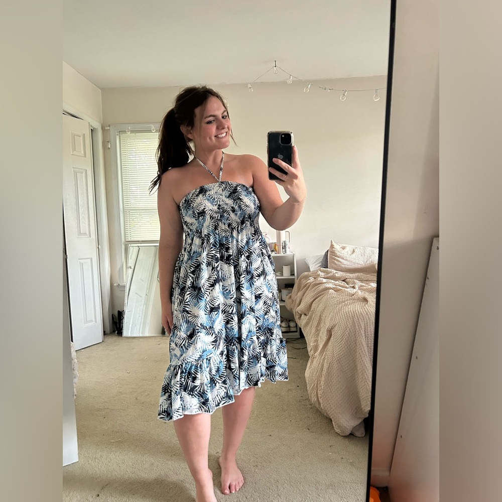 Halter Sundress- Blue and White Tropics
